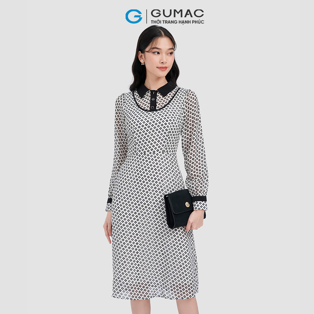 Đầm form A họa tiết phối cổ GUMAC DC09054