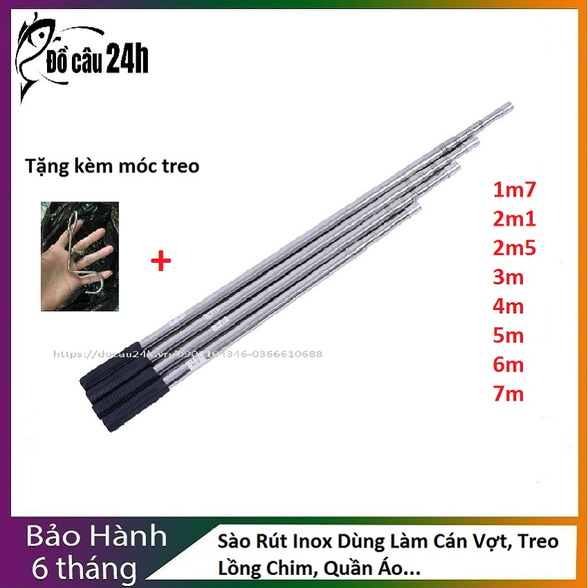 [Tặng Móc Treo] Sào Rút Inox, Cán Vợt Inox Sào bẫy chim Đa năng đủ kích thước 1m5 đến 7m Sào treo chim, sào rút inox, sào rút 7m, sào bẫy chim sẻ - Đồ Câu 24h