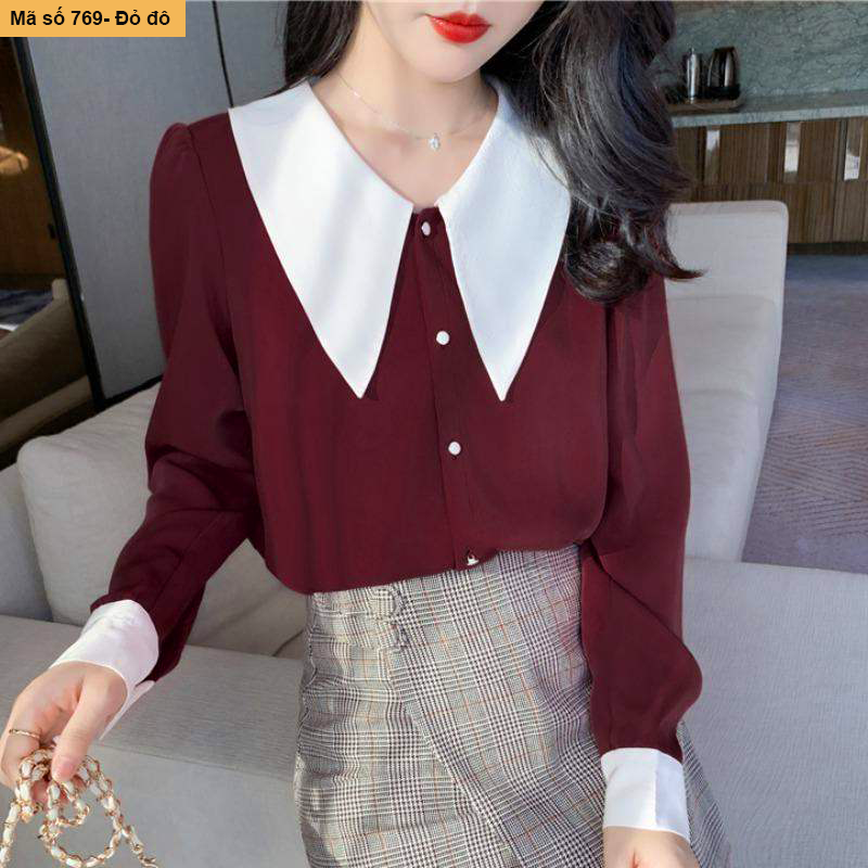 [HCM]B769- áo sơ mi nút ngọc phối cổ trắng