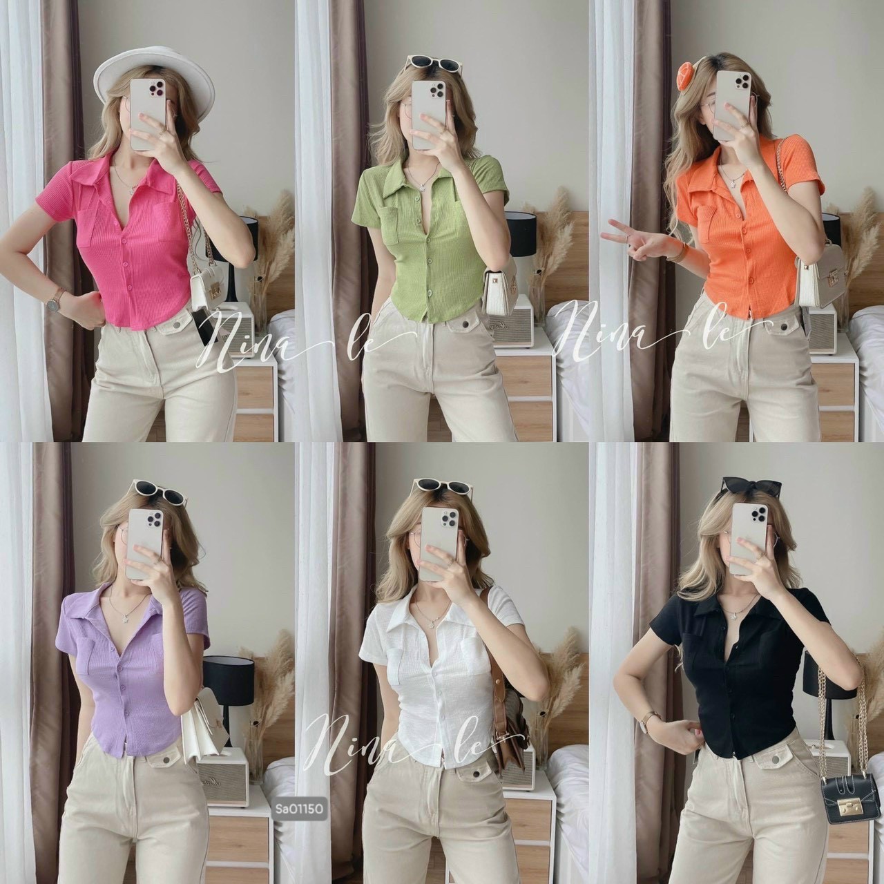 Áo sơ mi thun gân croptop cổ bẻ nút gài kèm tay ngắn cá tính ttvv0340