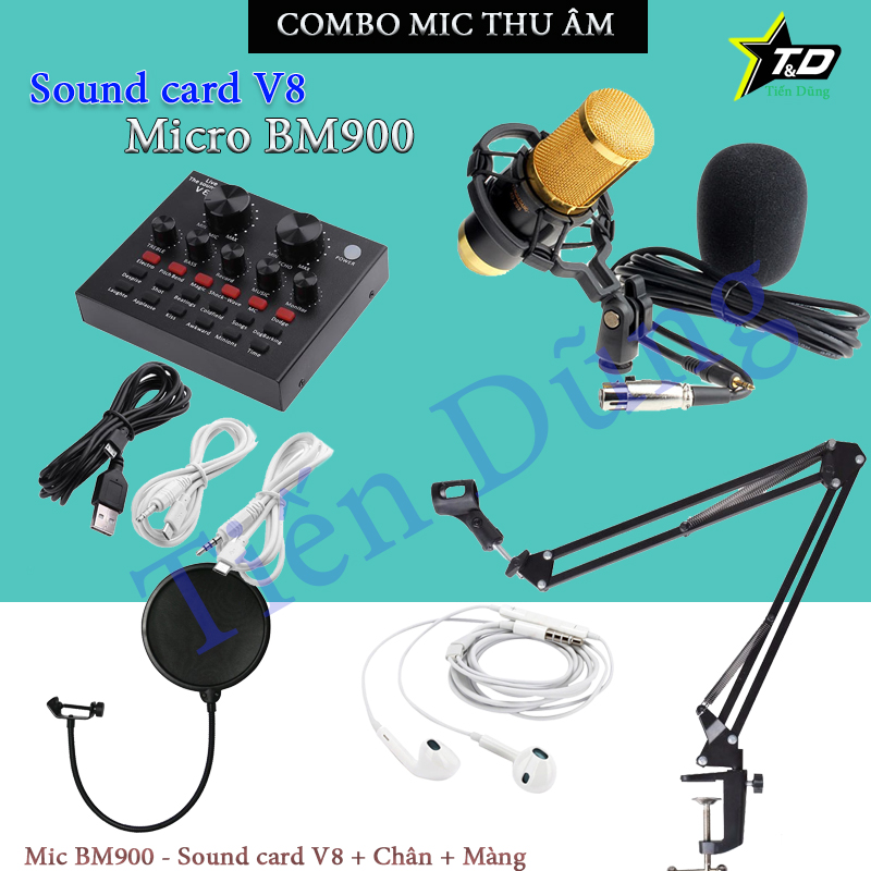BỘ LIVE STREAM MIC BM900 SOUND CARD V8 CHÂN MÀNG TAI NGHE ( Đã có Dây Live stream)- TRỌN BỘ MIC THU ÂM