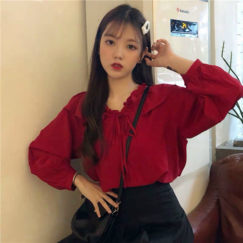 Áo Kiểu Sơ Mi Học Sinh Cổ Bèo Cột Nơ Xu Hướng Mới Cute TTSA0740