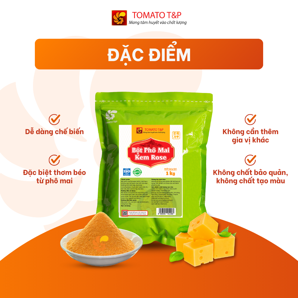 Bột Phô Mai Kem Rose dùng để nấu sốt tokbokki, sốt mỳ ý, sốt mì trộn - Gói 1Kg - Tomato T&P