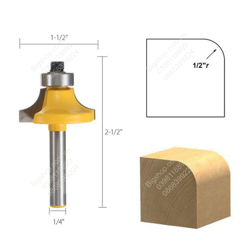 Bộ 4 mũi phay soi gỗ góc tròn cốt 1 phần 4 inch
