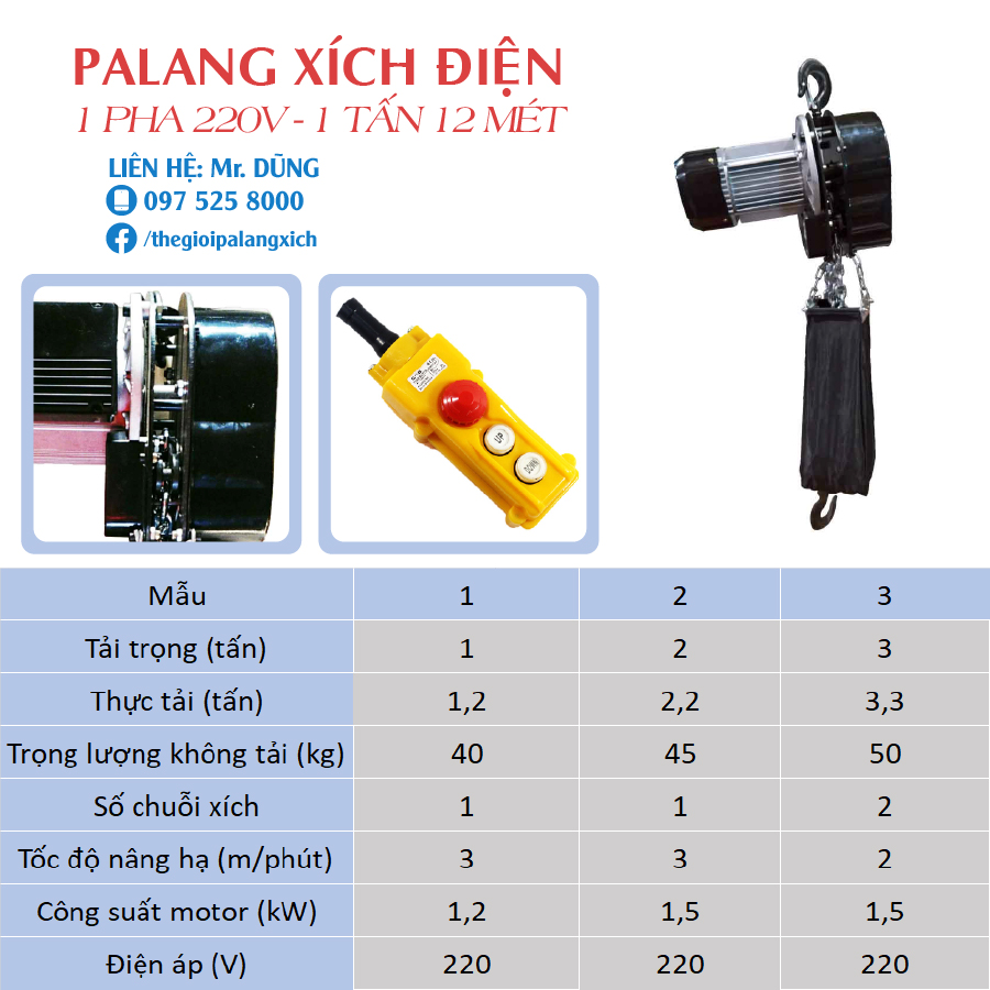 PALANG XÍCH ĐIỆN 1 PHA 220V - 1T 12M (1 TẤN 12 MÉT)