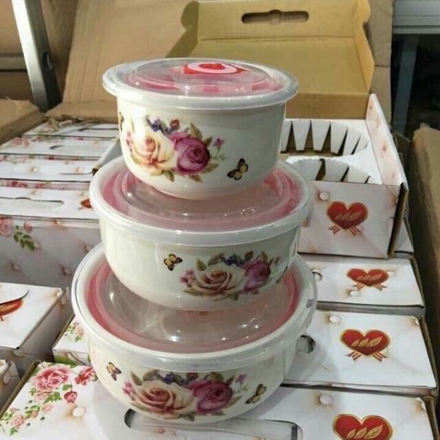 Bộ 3 bát sứ có nắp hút chân không