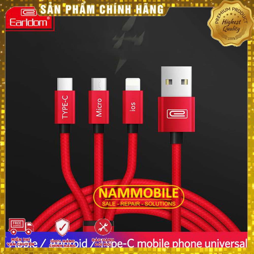 FREE SHIP Cáp Sạc 3 Đầu Lightning Type-C Micro USB Earldom 1m2 Bảo Hành 12 Tháng