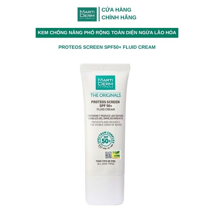 Kem Chống Nắng Phổ Rộng Toàn Diện Ngừa Lão Hóa, Phòng Chống Nám Quay Lại - MartiDerm The Originals Proteos Screen SPF50+ Fluid Cream