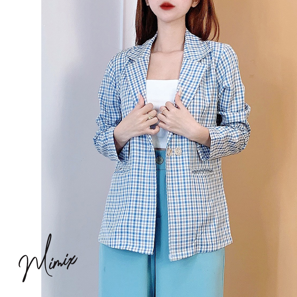 Áo khoác blazer caro công sở dáng dài mimix cg6160