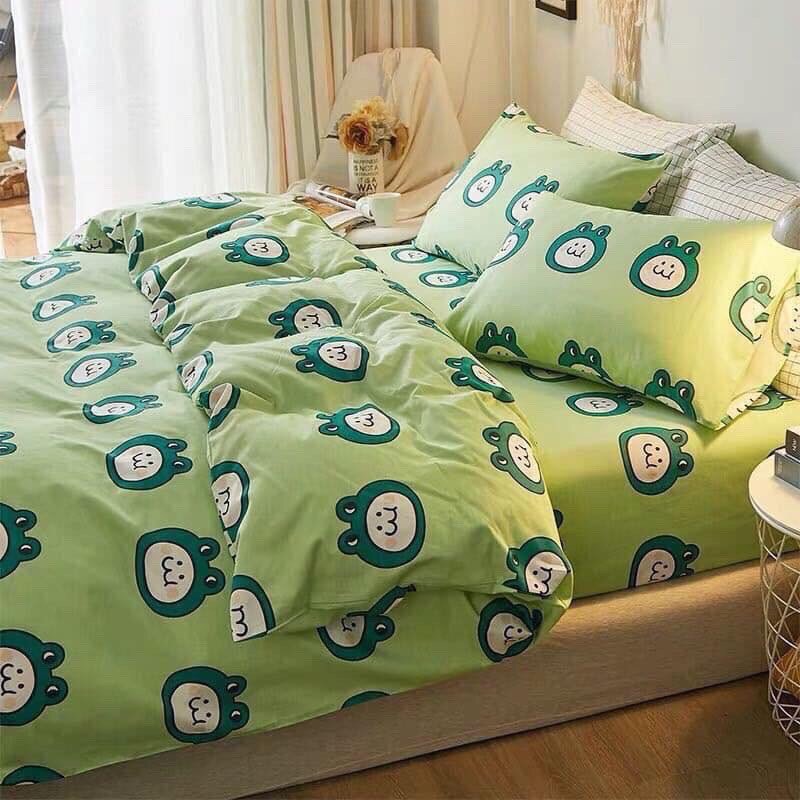 Bộ Chăn Ga Gối Poly Nhập 4 món[1m6x2m và 1m8x2m], mẫu bò sữa xanh