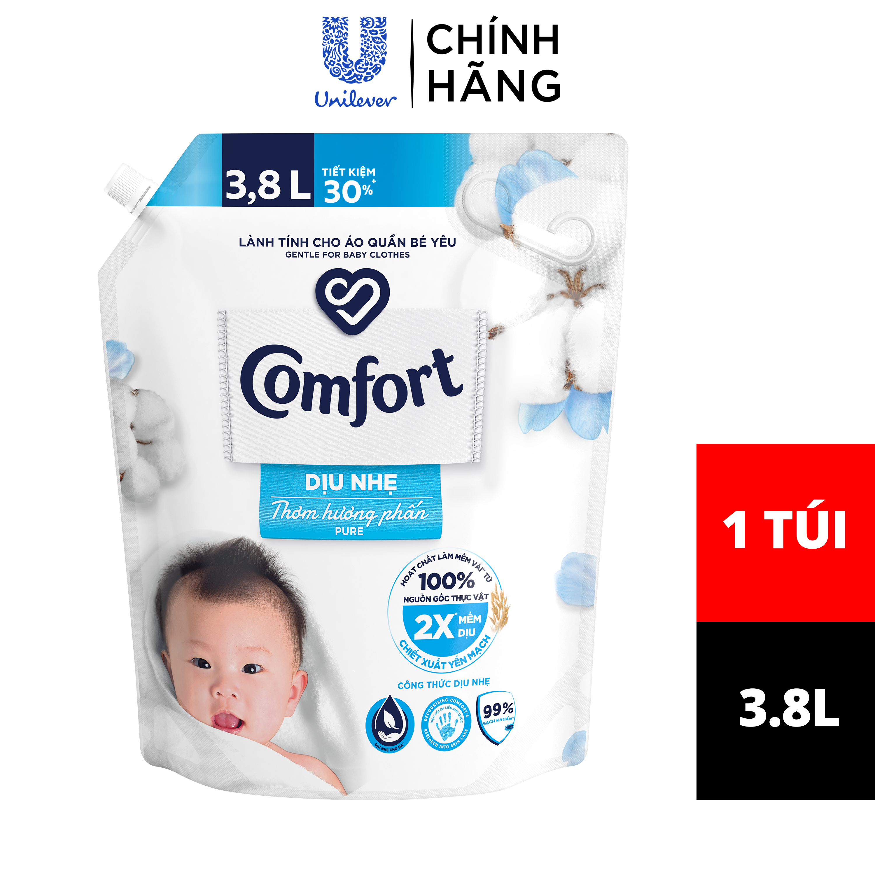 Nước Xả Vải Comfort Dịu Nhẹ Thơm Hương Phấn 3.8L