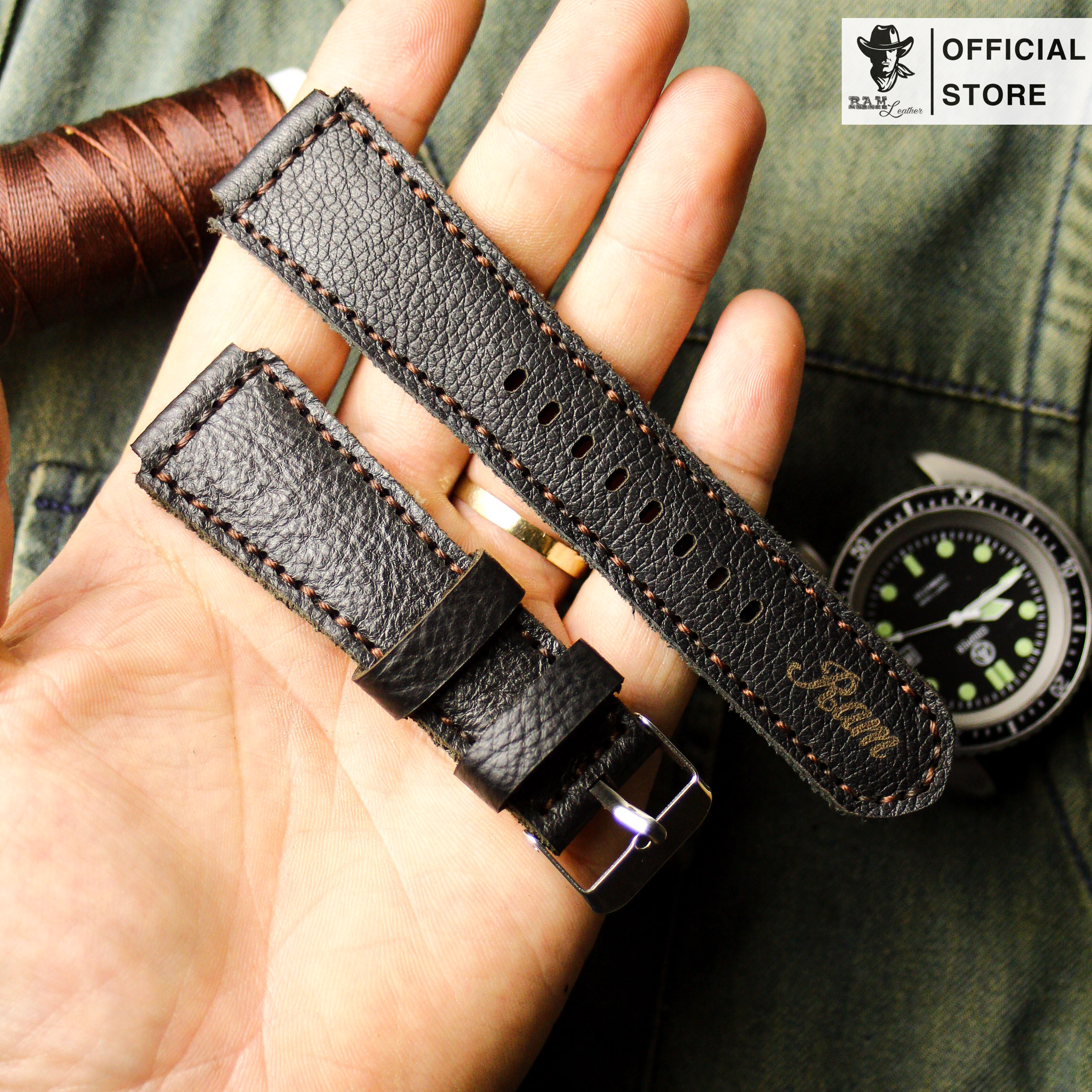 Dây da đồng hồ Siêu bền Da Dê Đen Bản Bền Đẹp RAM Leather Classic 1955 Chính Hãng RAM Leather
