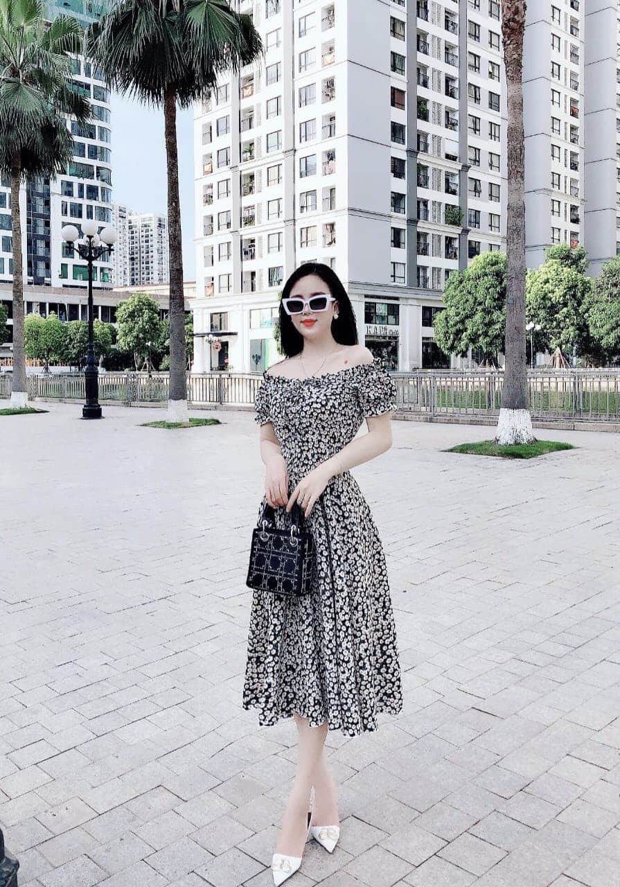 Đầm lụa xòe họa tiết hoa cúc siêu sang chảnh freesize dưới 55kg