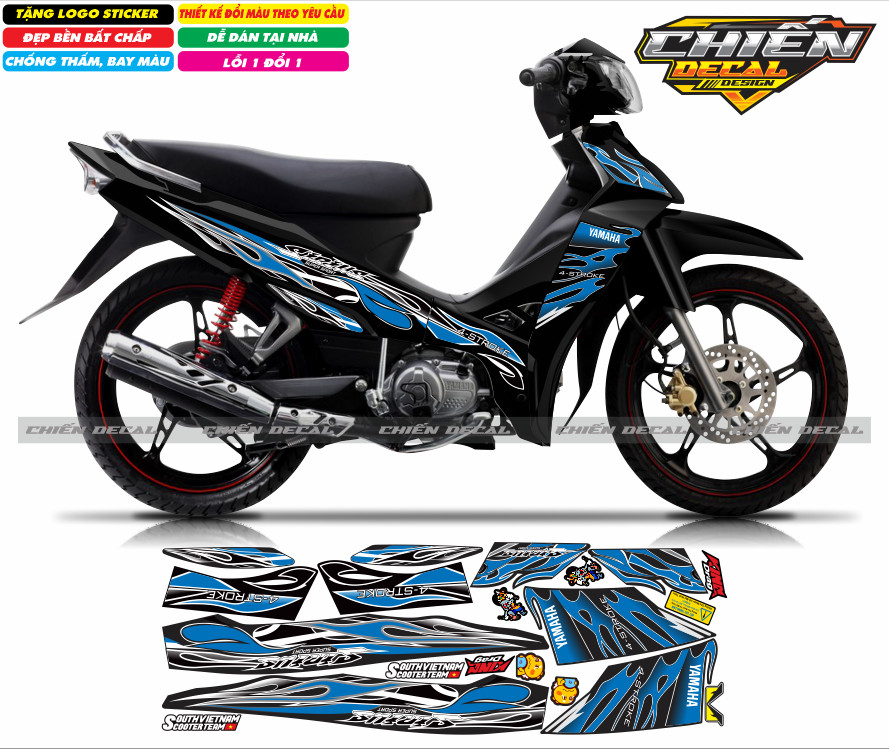 Tem rời xe sirius RC 100cc - 50cc mẫu tem lửa màu đen nhiều kiểu lụa chọn - tem lửa chế sirius (tem 3 lớp)