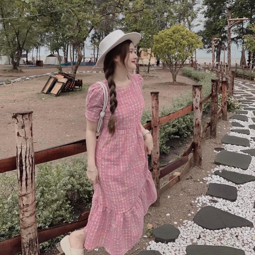 HOÀN TIỀN 15% - Váy V59 Đầm Đuôi Cá Kẻ Hồng Tay Bồng Chất Đũi Kẻ