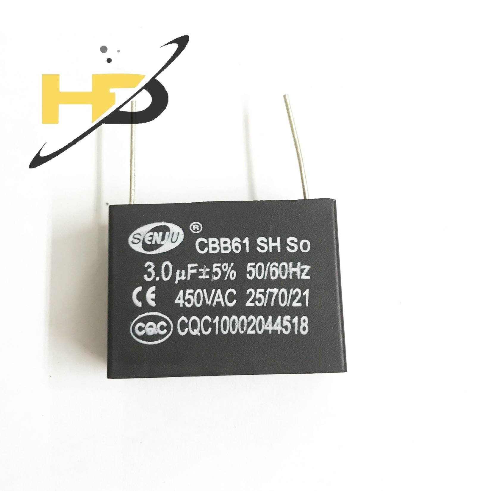 Tụ quạt 3uf 5% 450vac màu đen 2 chân cắm, tụ điện 3uf 50/60hz cbb61 sh so