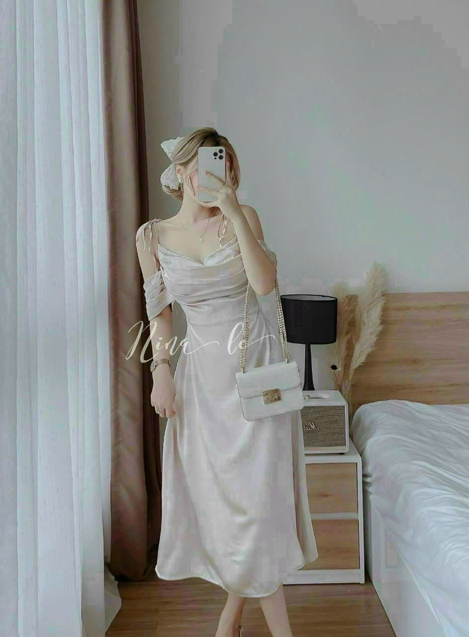 Váy đi tiệc thiết kế sang trọng vải phi lụa cao cấp.đầm nữ 2 dây cổ đỗ dáng xòe xinh xắn