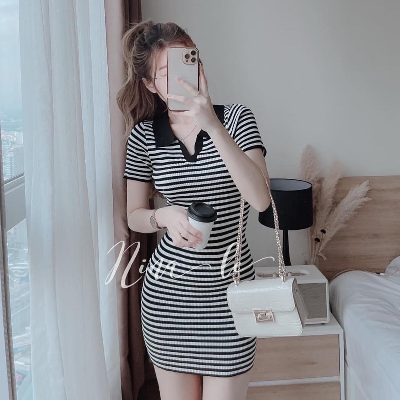 Đầm sọc body cổ trụ xinh sv0