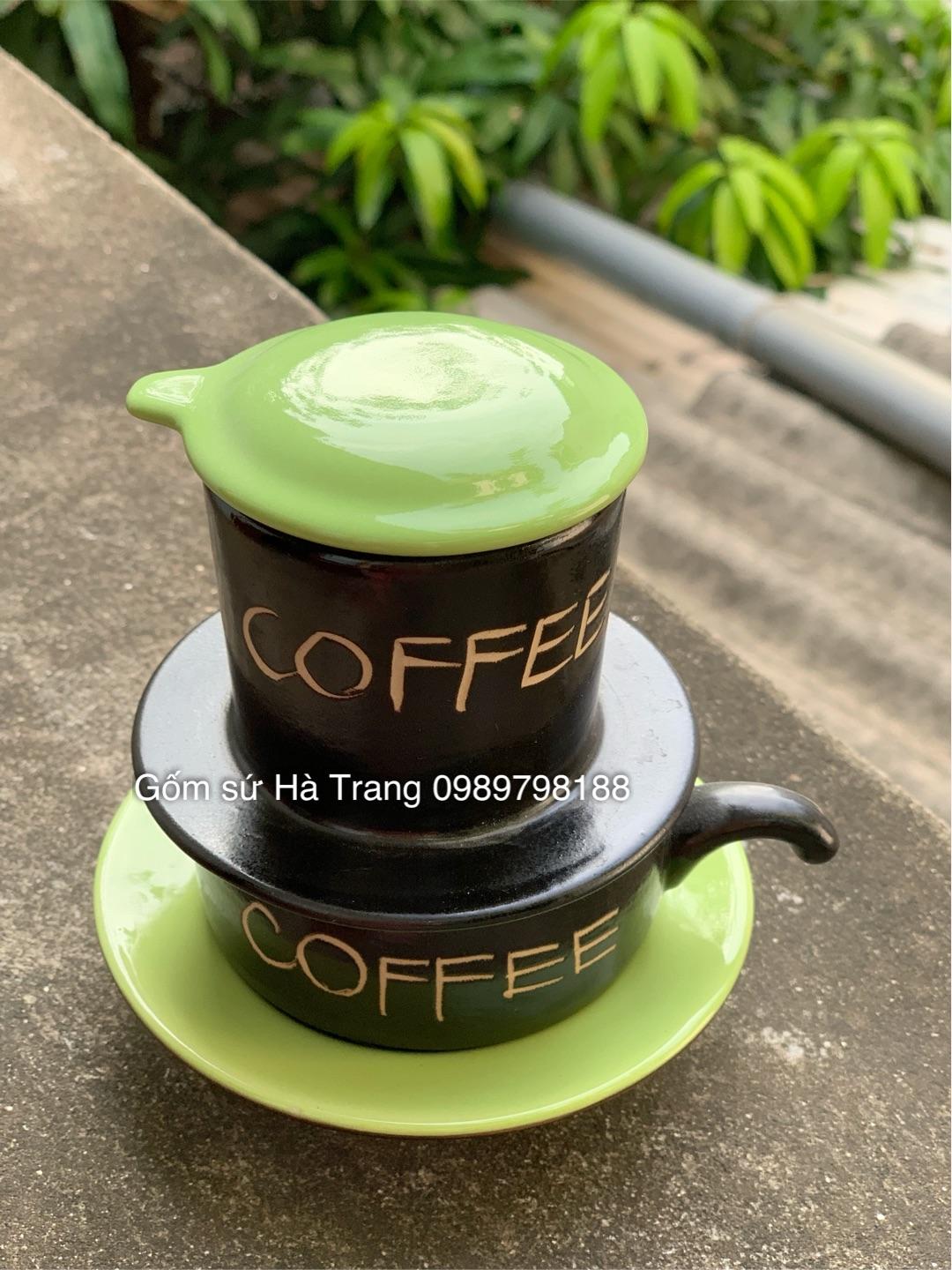 Phin pha cafe gốm sứ Bát Tràng cao cấp men đen khắc chữ COFFEE