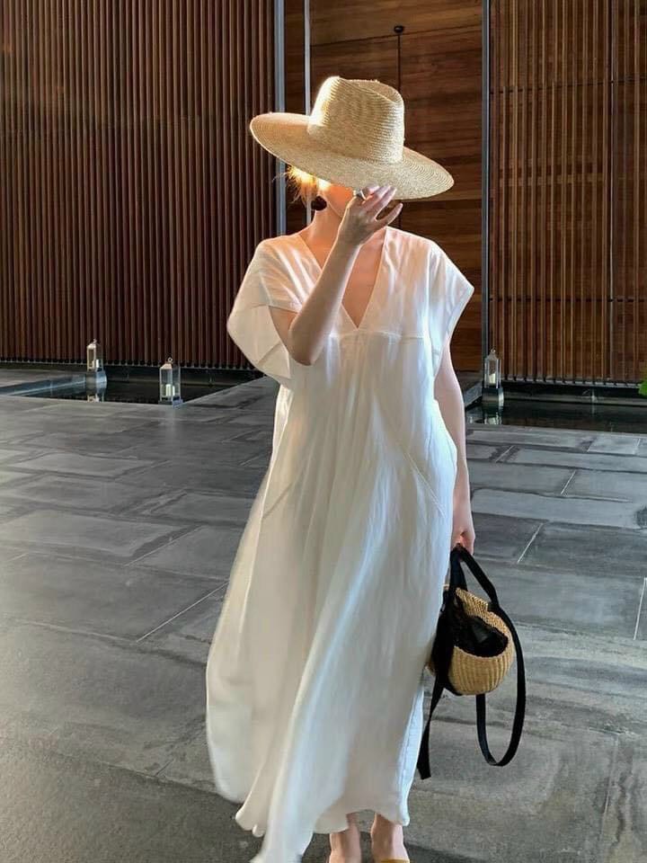 [Ảnh thật] Đầm maxi oversize cổ V tay cánh dơi