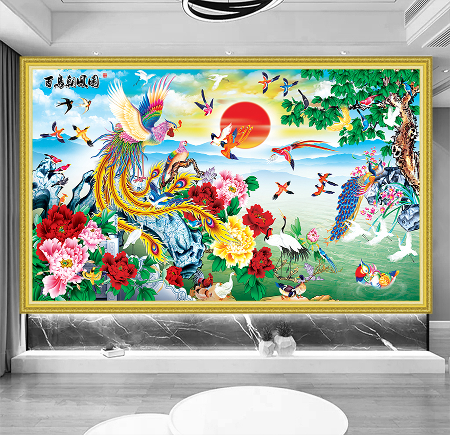 Tranh dán tường VTC Bách điểu triều phụng UD1331K kim sa