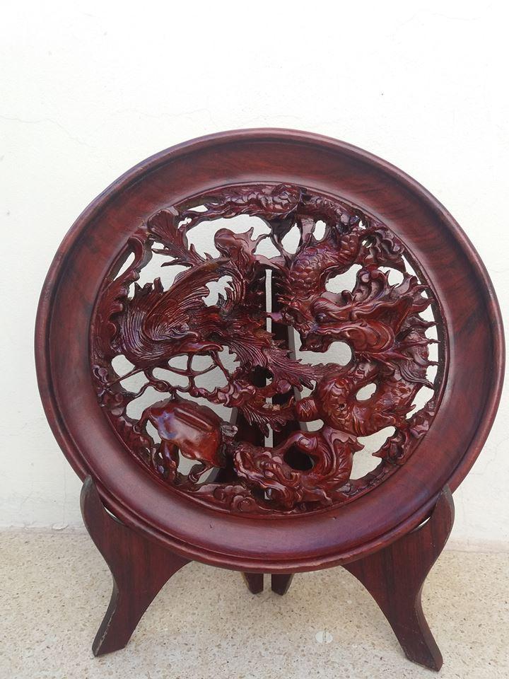 tranh gỗ - đĩa gỗ gụ chạm khắc tứ linh  cao 35cm - 30cmx30cmx3cm