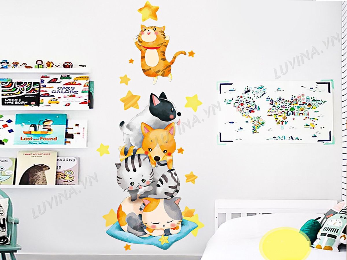 Decal tranh dán tường mèo bắt sao