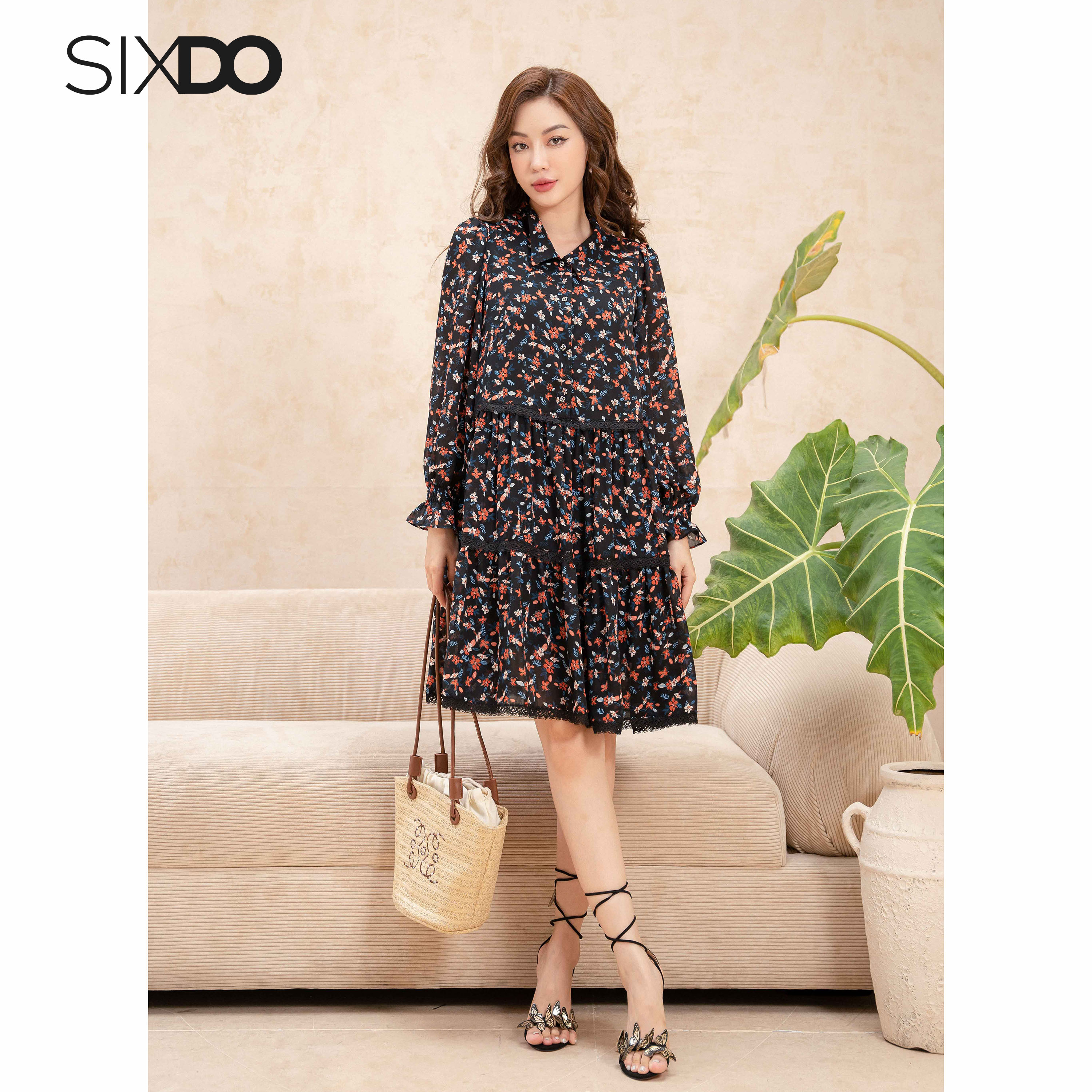 Đầm hoa babydoll dài tay SIXDO (Floral Midi Woven Dress)