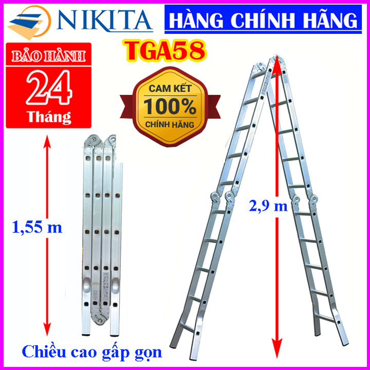 Thang nhôm gấp 4 đoạn Nikita TGA58 - GA58 - Chữ A 2,9m duỗi thẳng 5,8m, Độ dày của nhôm 1.5-2mm Tiêu chuẩn an toàn Châu Âu: EN131 Màu thang: nhôm trắng nguyên bản Trang bị: Đế cao su chống trơn trượt