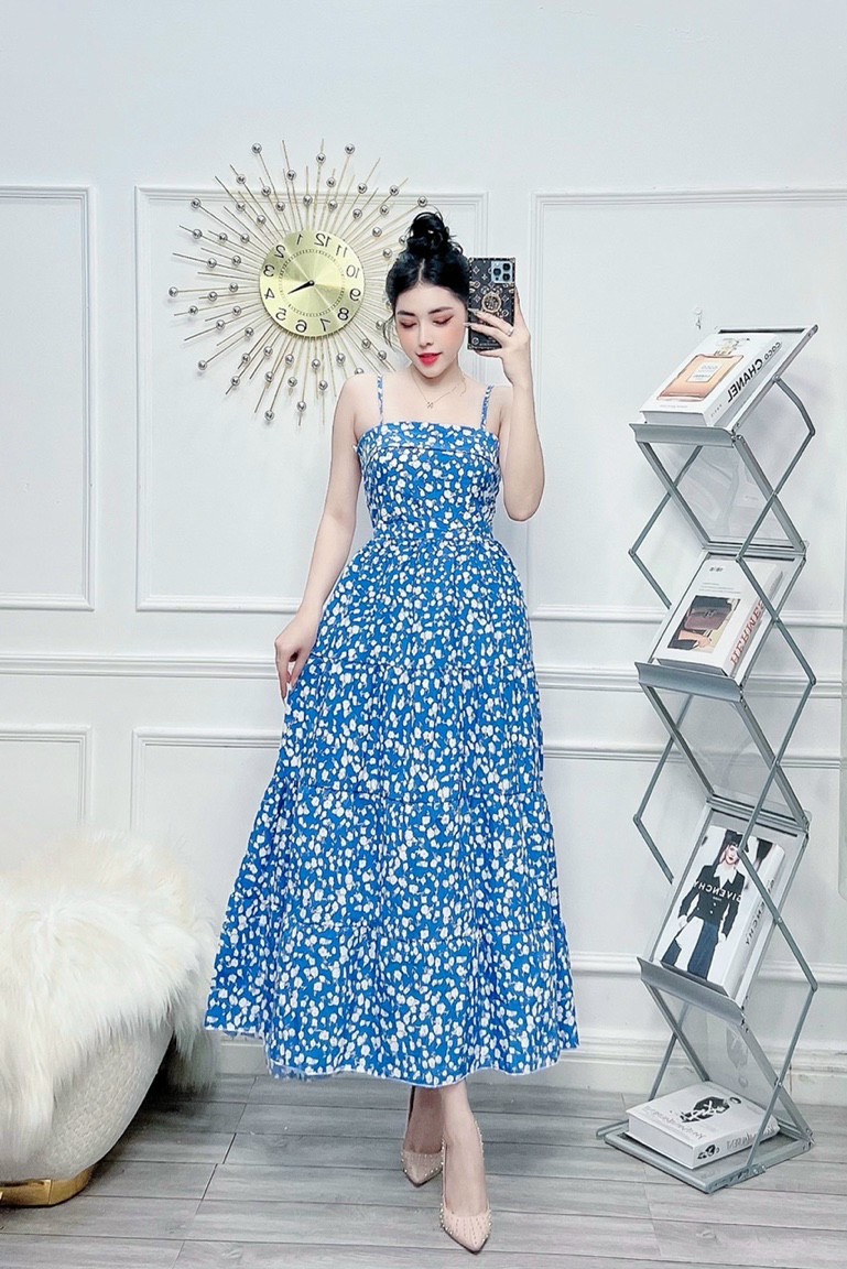Đầm hai dây gấp ngực maxi hoa