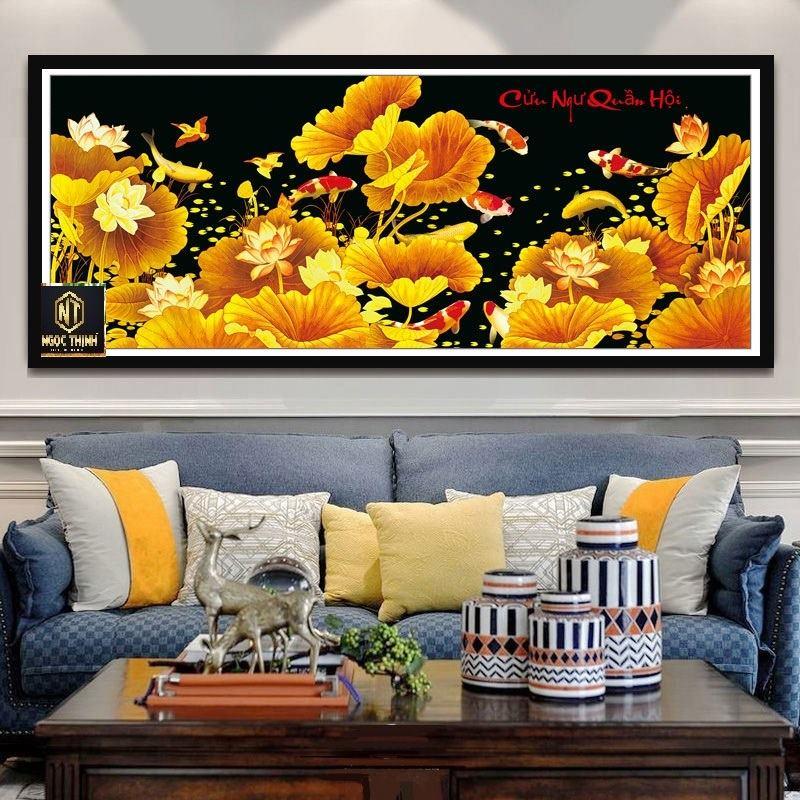 Tranh thêu chữ thập Cửu ngư quần hội MN0039 Kích Thước: 162*70cm