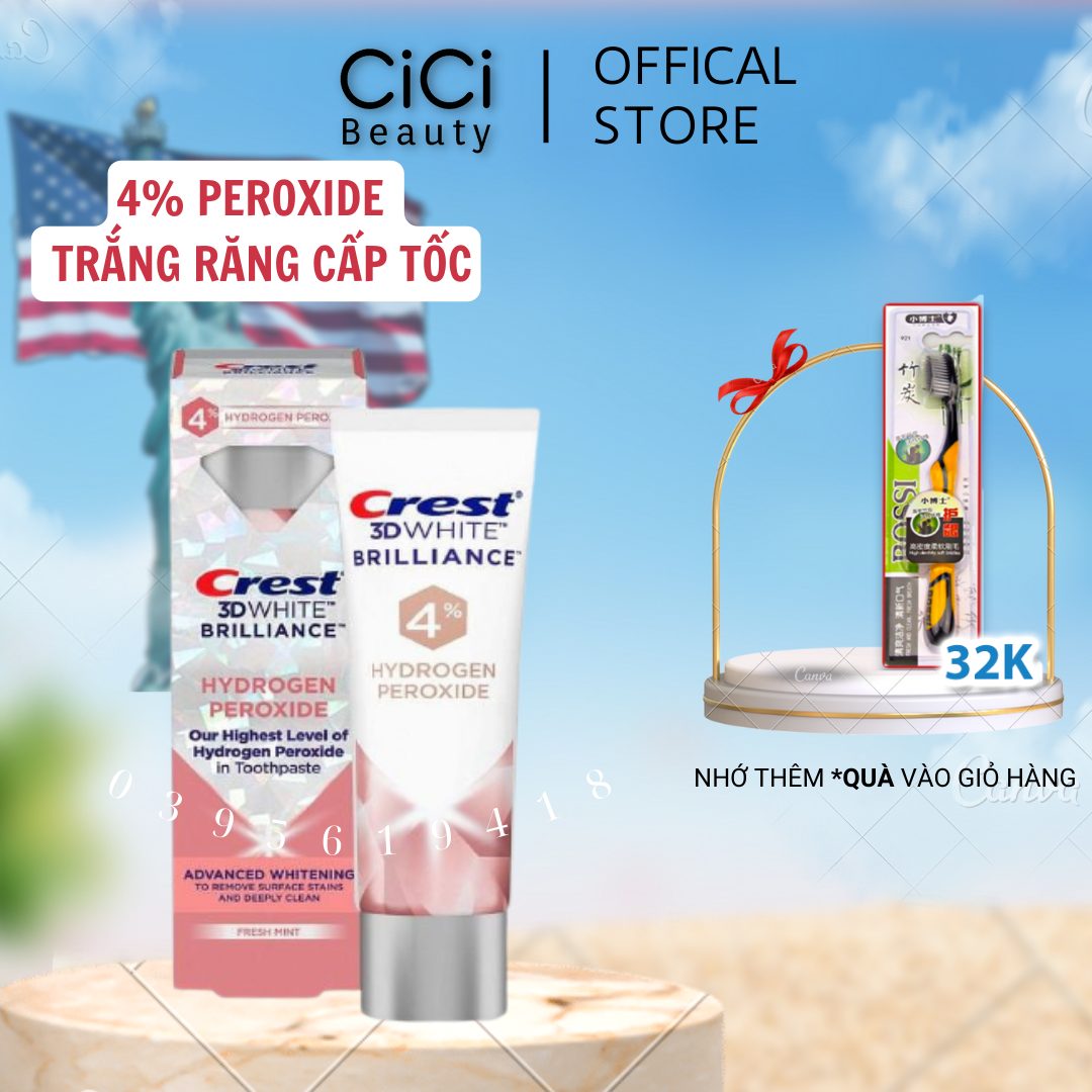 Kem Đánh Răng siêu trắng Crest 3D White Brilliance 4% Hydrogen peroxide