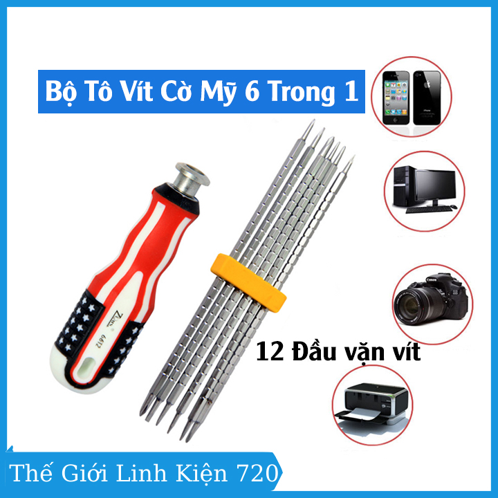 Bộ tô vít cờ Mỹ 6 trong 1 cao cấp 12 đầu vặn vít, tua vít đóng đảo chiều tiện lợi, đa năng
