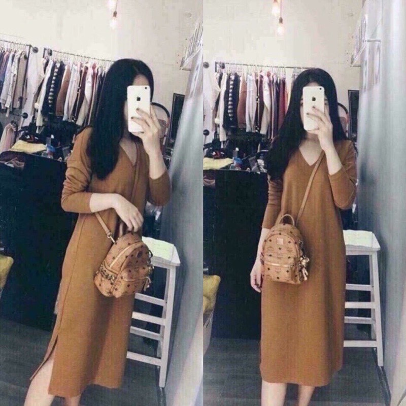 Váy suông cổ V xẻ tà dáng dài 3 màu chất len