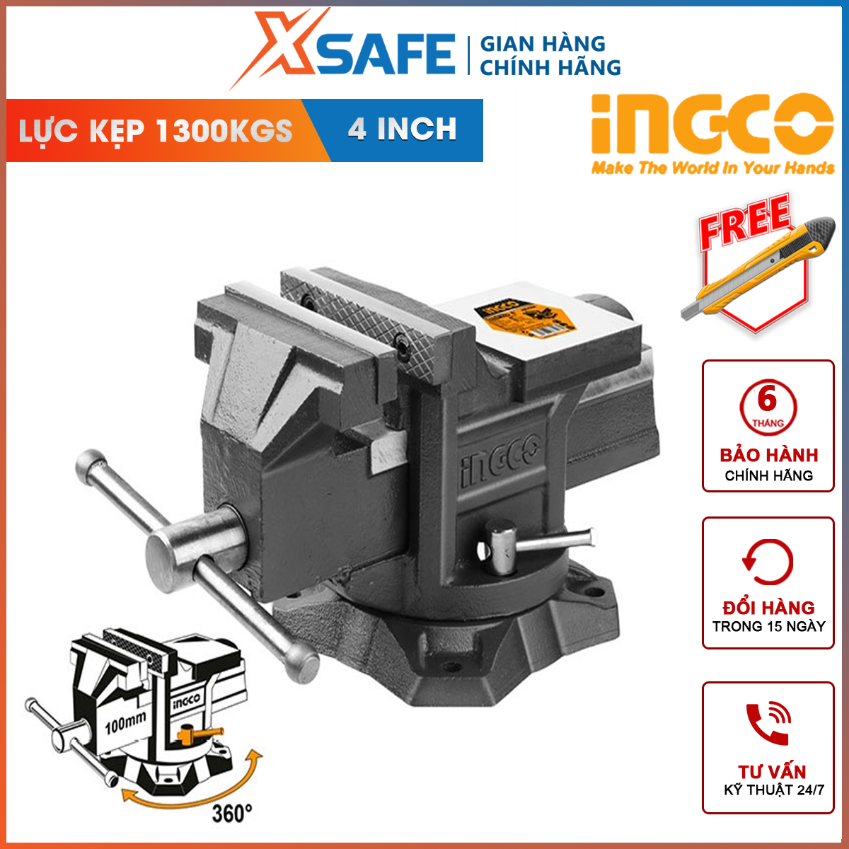 Hallo motor clamp ingco HBV084 | darkly clip car wheels swivel rotating 4 inch, weight 6.7kg, clamping force 1300kgs hold tight tube steel, steel, iron, wood [XTools] [xsafe]