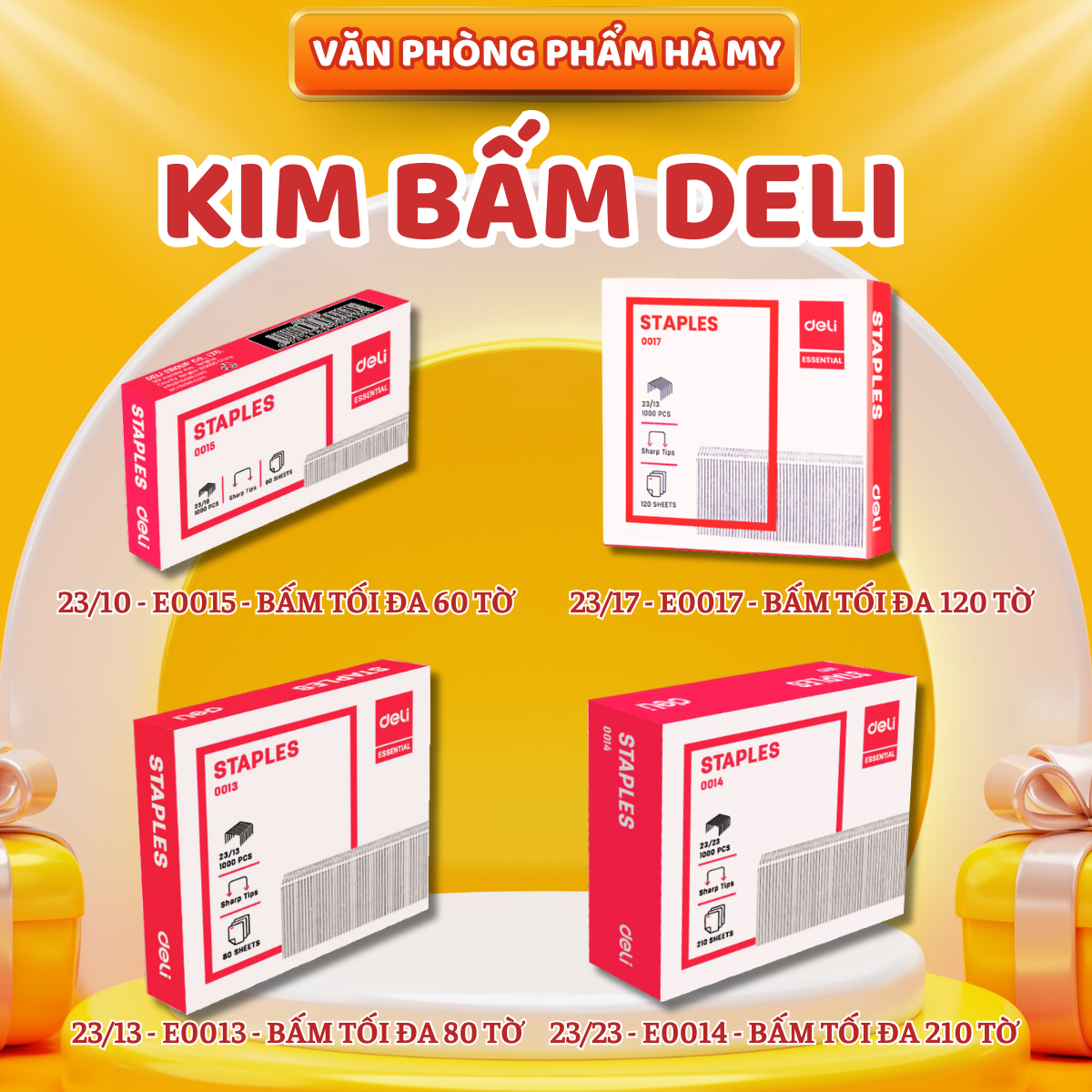 Kim Bấm Deli đầy đủ kích cỡ bấm được từ 60 tờ đến 210 tờ