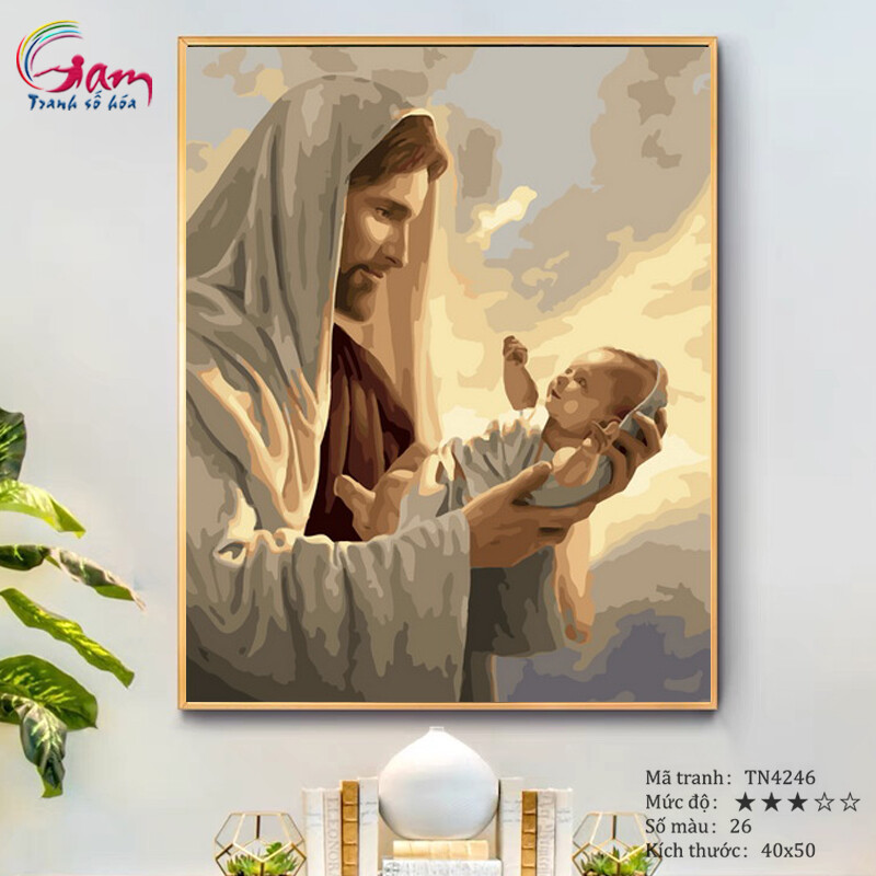 Tranh trang trí treo tường sơn dầu số hoá Gam Chúa Giêsu bế trẻ nhỏ TN4246