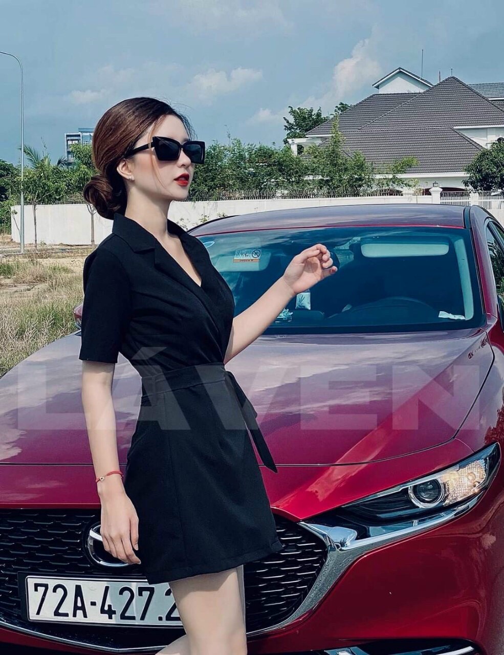 Jum cổ sơ mi tay ngắn buộc nơ eo dễ thương