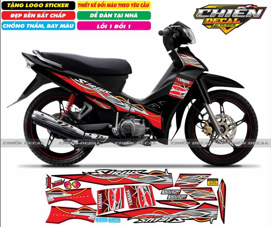 Tem rời xe sirius RC 110cc - 50cc mẫu tem lửa chế - nhiều màu lựa chọn (tem 3 lớp cao cấp)