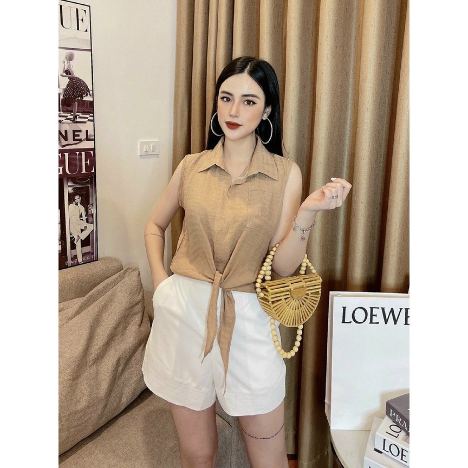 Áo sơ mi buộc vạt tay lỡ trơn cá tính