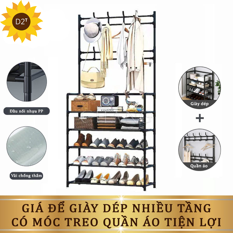 Kệ để giày dép chữ L , thiết kế treo đồ đa năng lắp ghép 4 tầng tặng kèm 8 móc treo, chất liệu thép chịu lực tốt ,kệ để giày siêu rẻ bền đẹp