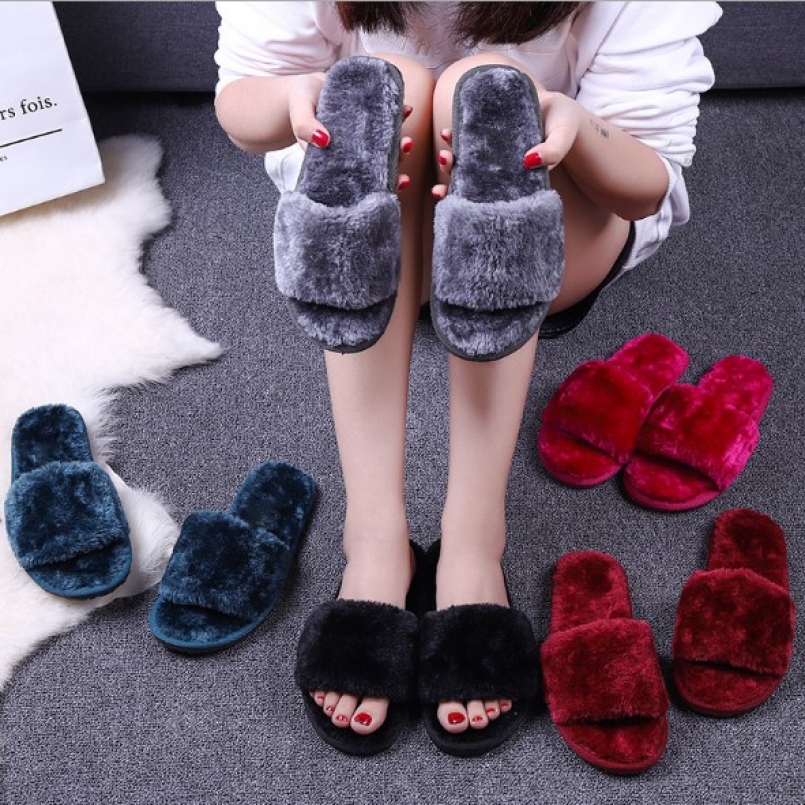 Dép lông ấm áp thu đông 3 màu đỏ-đen-ghi giá rẻ