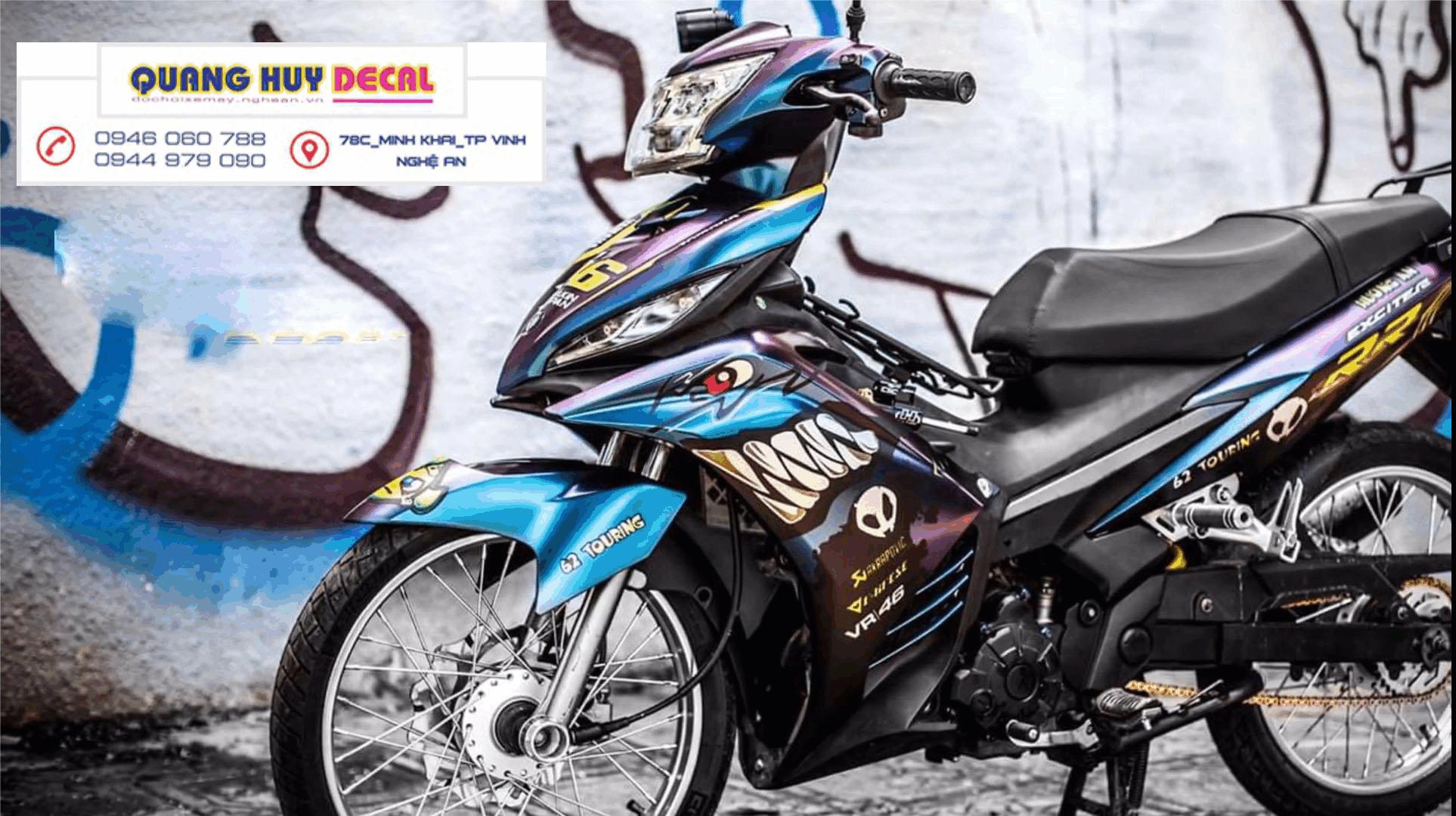 Tem trùm xe máy Exciter 135 xanh tím cá mập - làm tem  dán xe máy ex135 theo yêu cầu - Tem trùm xe máy exciter 135 rẻ và đẹp