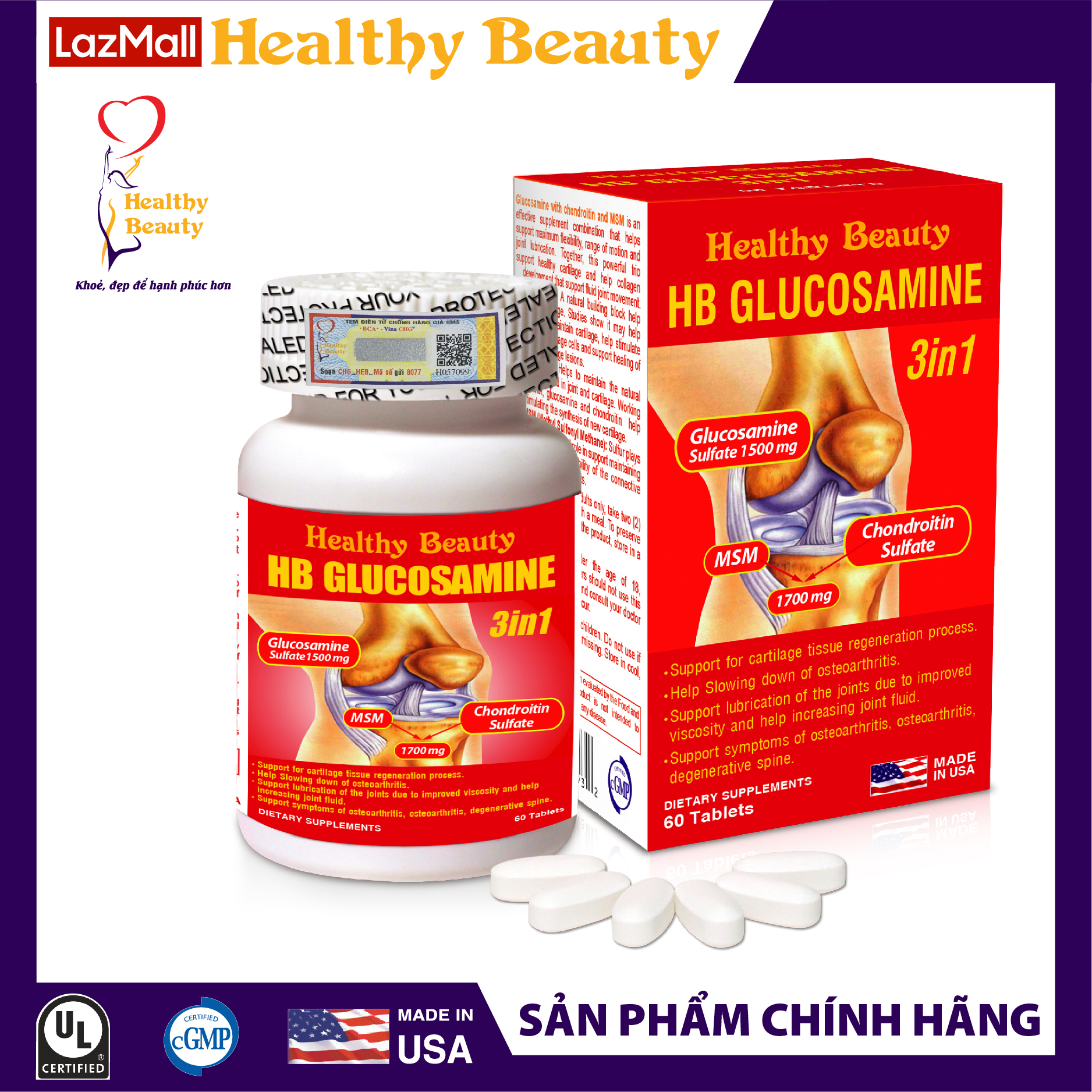 Viên Uống HB Glucosamine 3 In 1 Healthy Beauty Giảm Triệu Chứng Đau Của
