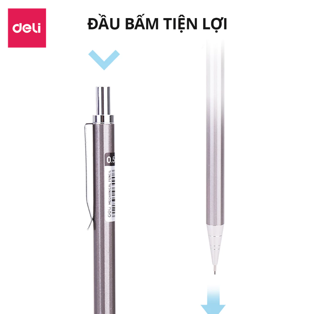 Bút chì kim bấm kỹ thuật 0.5mm/0.7mm Deli kèm đầu tẩy thân kim loại chắc chắn, chống hao mòn
