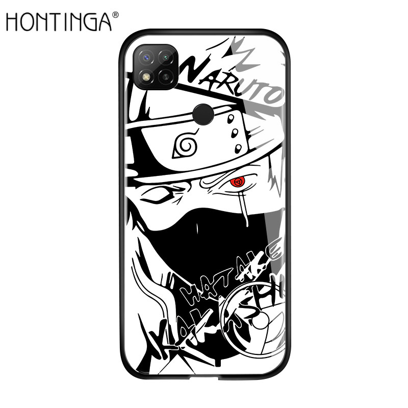 Hontinga Casing Case For Xiaomi Redmi 9C Case Anime For Girls Women Sketch Black White Naruto Series Sasuke Kakashi Casing Soft Edge Tempered Glass Phone Case Back Cover Casing Hard Case For Boys