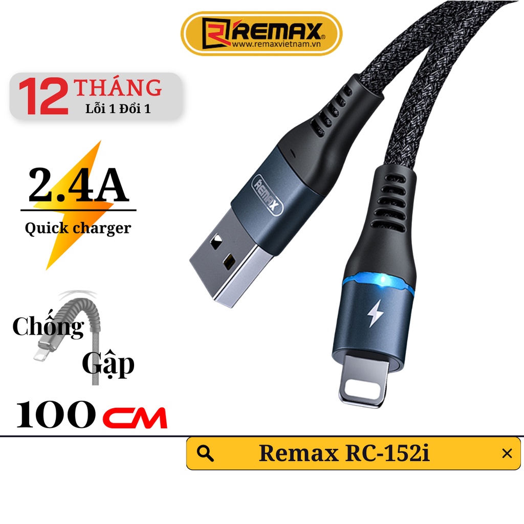 Cáp sạc remax việt nam rc-152i dây cáp sạc nhanh 2.4a cho 13pro trở xuống - bảo hành 12 tháng 1 đổi 1