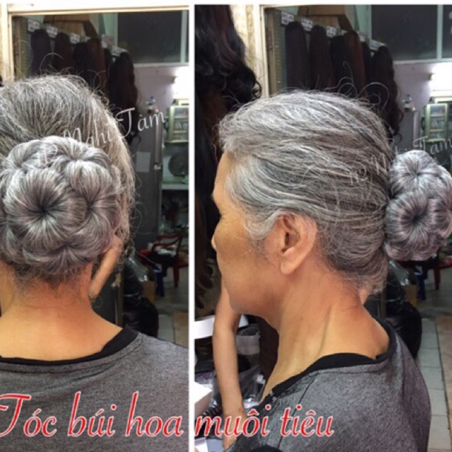 Tóc giả búi hoa kẹp màu bạc muối tiêu- hình