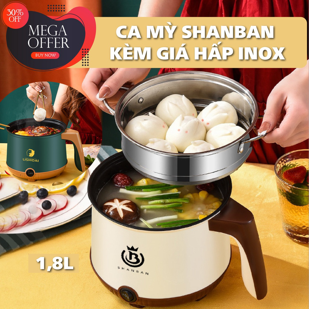 Nồi Lẩu Điện ELECTRIC COOKER POT Shanban 24cm Đa Năng Chống Dính Vân Đá Kèm Hấp Inox Cao Cấp