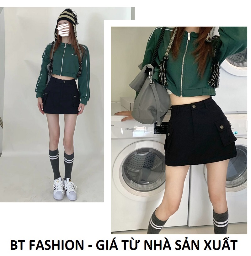 Chân Váy Ngắn KaKi Túi Hộp Co Dãn Mới BT Fashion- Có Quần Lót Túi Hộp Hông